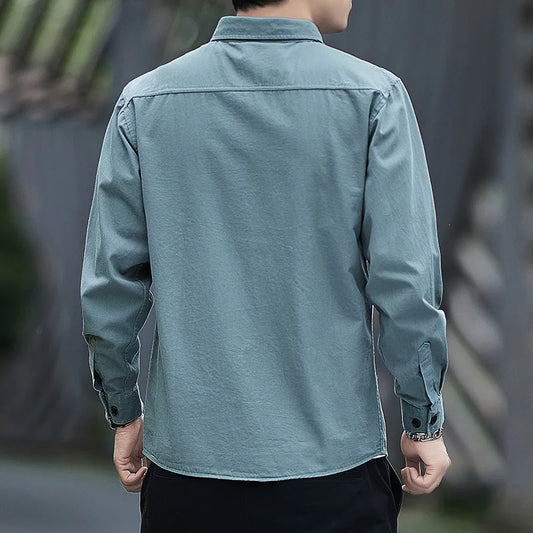 Men's Casual Long Sve Cotton irt Workwear Jaet Spring Autumn Faionable Loose Fit Youth ular Sle Button Detail