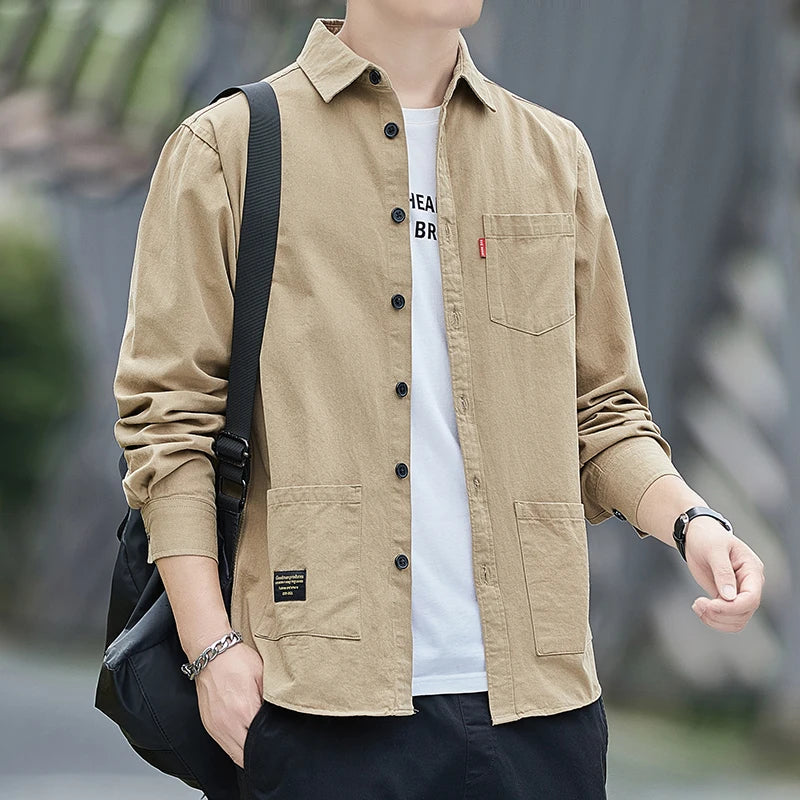 Men's Casual Long Sve Cotton irt Workwear Jaet Spring Autumn Faionable Loose Fit Youth ular Sle Button Detail