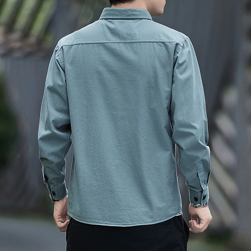 Men's Casual Long Sve Cotton irt Workwear Jaet Spring Autumn Faionable Loose Fit Youth ular Sle Button Detail