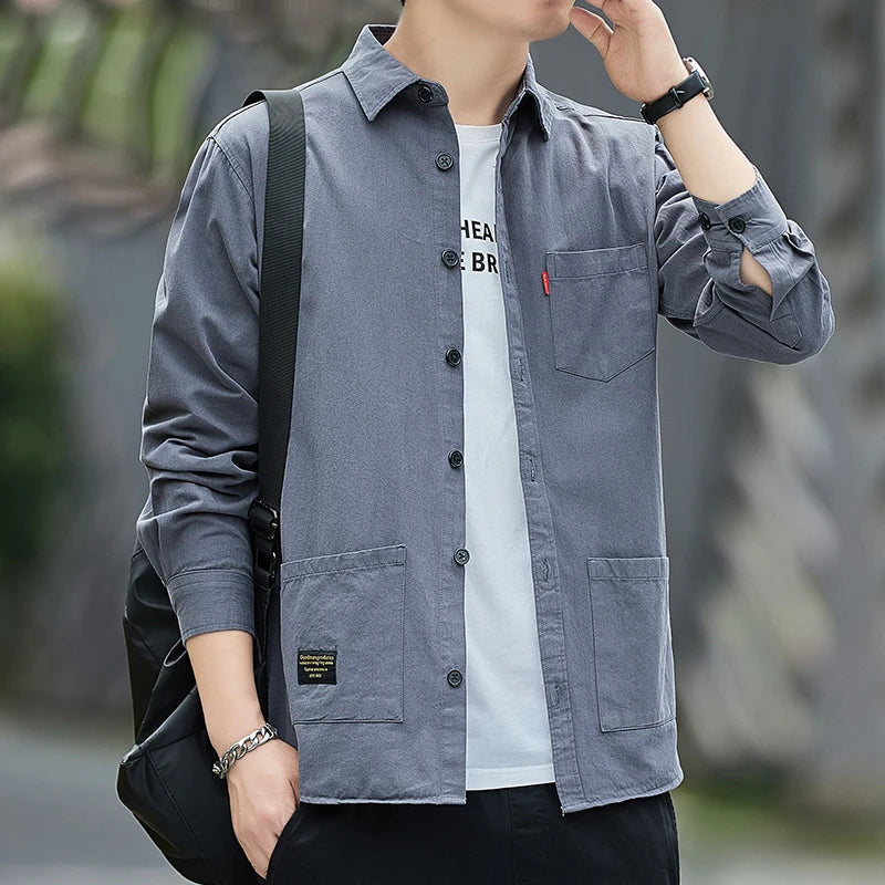 Men's Casual Long Sve Cotton irt Workwear Jaet Spring Autumn Faionable Loose Fit Youth ular Sle Button Detail